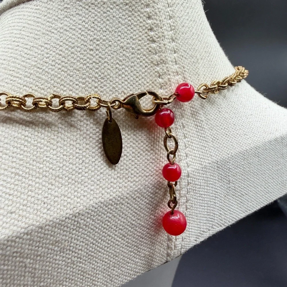 Red Bead Statement Necklace Gold Tone Chain Rhinestone Spacers Chunky Jewelry